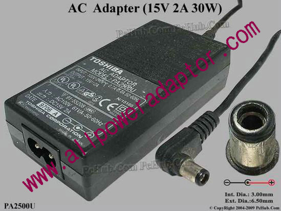 Toshiba AC Adapter PA2500U, 15V 2A, Tip-D, 2-prong