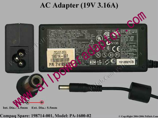 Compaq Common Item (Compaq) AC Adapter- Laptop 19V 3.16A, 5.5/2.5mm, 3-Prong - Click Image to Close