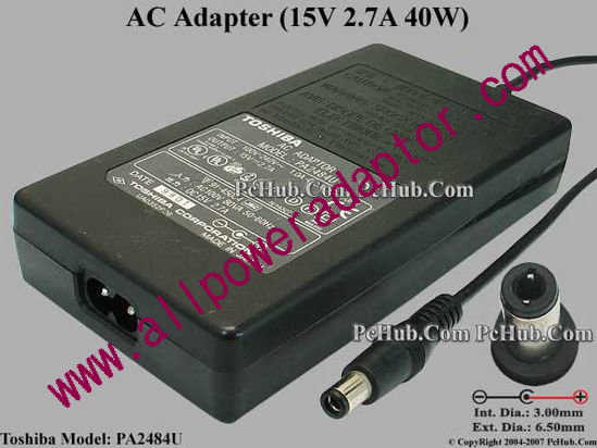 Toshiba AC Adapter PA2484U, 15V 2.7A, Tip D