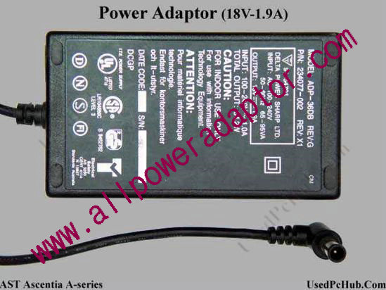 AST Common Item (AST) AC Adapter- Laptop 234077-002, 18V 1.9A, Tip E