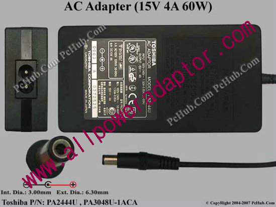 Toshiba AC Adapter 15V 4A, 6.3/3.0mm, 2-Prong