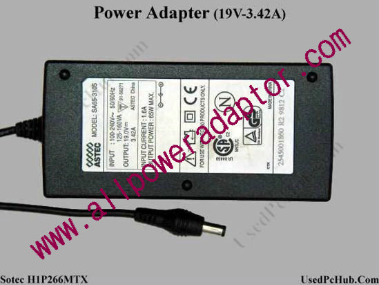 ASTEC SA65-3105 AC Adapter- Laptop 19V 3.42A, 5.5/2.1mm, 2-Prong