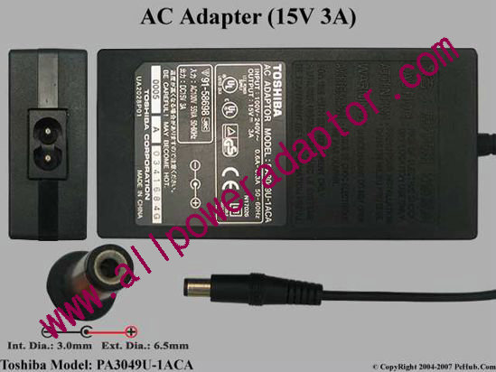 Toshiba AC Adapter PA3049U-1ACA, 15V 3A, Tip D, (2-prong)