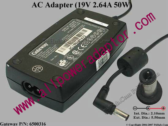 Gateway Common Item (Gateway) AC Adapter- Laptop 19V 2.64A, 5.5/2.1mm, 2-Prong