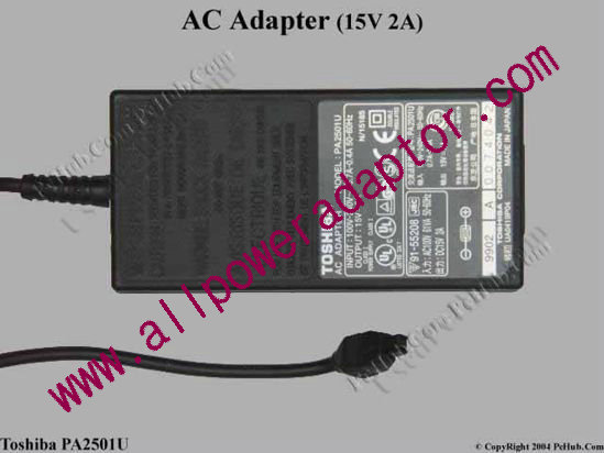 Toshiba AC Adapter PA2501U, 15V 2A, 2-pin