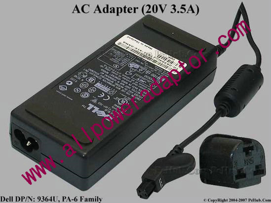 Dell Common Item (Dell) AC Adapter- Laptop 20V 3.5A, 3-Pin Hole, 3-Prong