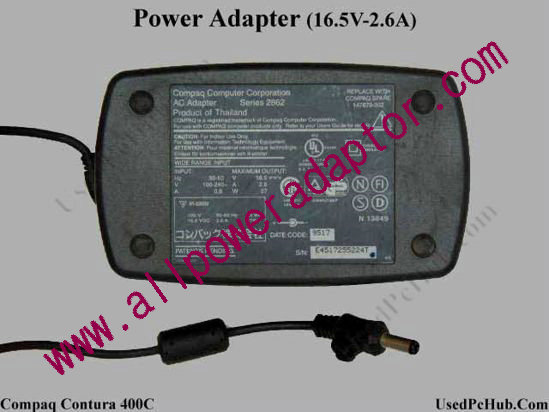 Compaq Contura Series AC Adapter- Laptop 147679-002, 16.5V 2.6A, Tip B