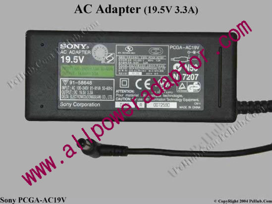 Sony Vaio Parts AC Adapter 19.5V 3.3A, 6.0/4.3mm With Pin, 2-Prong
