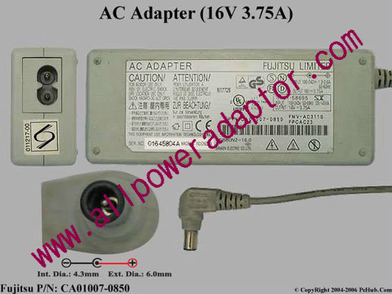 Fujitsu Stylistic ST4110 AC Adapter- Laptop 16V 3.75A, 6.5/4.3mm With Pin, 2-Prong