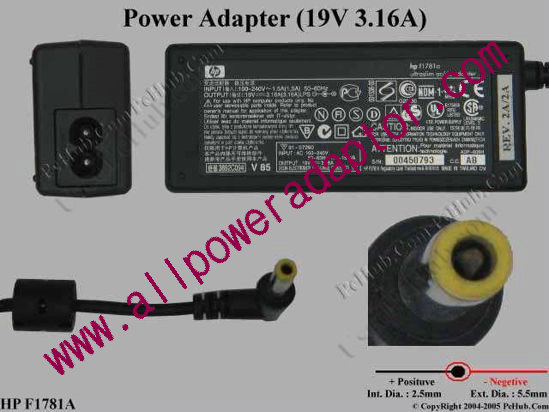 HP AC Adapter- Laptop 19V 3.16A, 5.5/2.5mm, 2-Prong