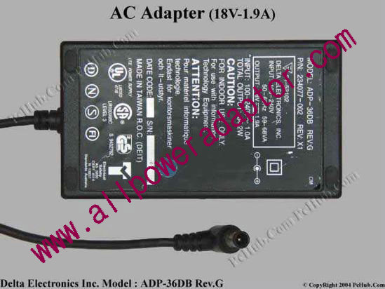 Delta Electronics ADP-36DB REV.G AC Adapter- Laptop 18V 1.9A, Tip E
