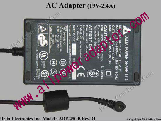 Delta Electronics ADP-45CB REV.D1 AC Adapter- Laptop 19V 2.4A, 5.5/2.1mm, 2-Prong