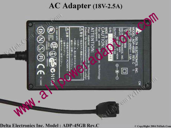 Delta Electronics ADP-45GB REV.C AC Adapter- Laptop 18V 2.5A 3-Hole Tip, 2 Prong