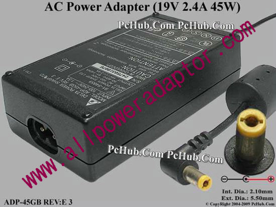 Delta Electronics ADP-45GB REV:E 3 AC Adapter- Laptop 19V 2.4A, 5.5/2.1mm, 2-Prong