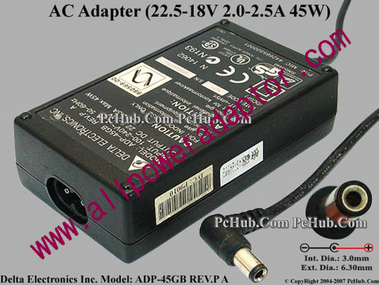 Delta Electronics ADP-45GB REV.P A AC Adapter- Laptop 22.5-18V 2.0-2.5A, 6.3/3.0mm, 2-Prong