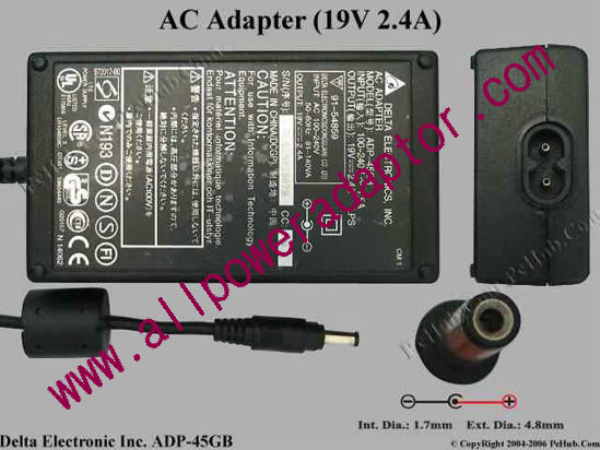 Delta Electronics ADP-45GB AC Adapter- Laptop 19V 2.4A, 4.8/1.7mm, 2-Prong