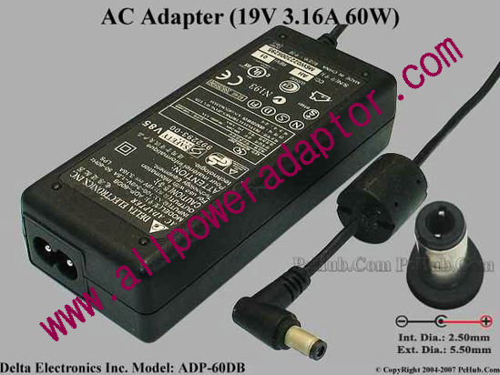 Delta Electronics ADP-60DB AC Adapter- Laptop 19V 3.16A, 5.5/2.5mm, 2-Prong