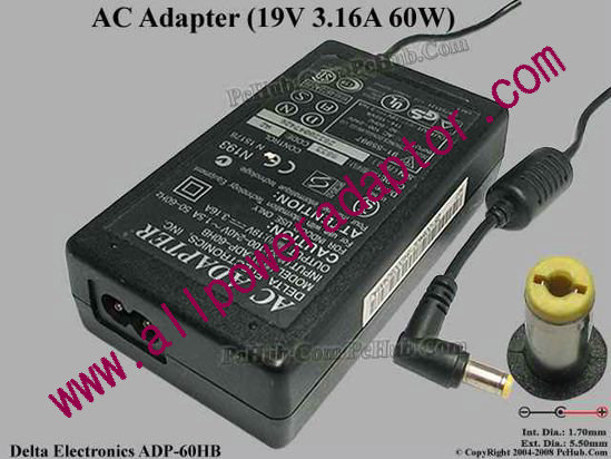 Delta Electronics ADP-60HB AC Adapter- Laptop 19V 3.16A, 5.5/1.7mm 2-Prong
