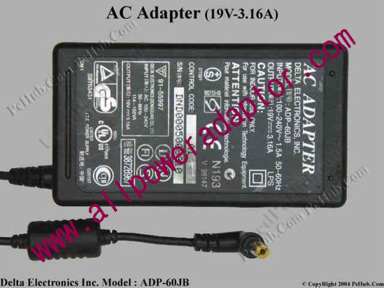 Delta Electronics ADP-60JB AC Adapter- Laptop 19V 3.16A, 5.5/1.7mm 3-Prong