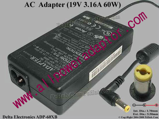 Delta Electronics ADP-60XB AC Adapter- Laptop 19V 3.16A, 5.5/1.7mm 3-Prong