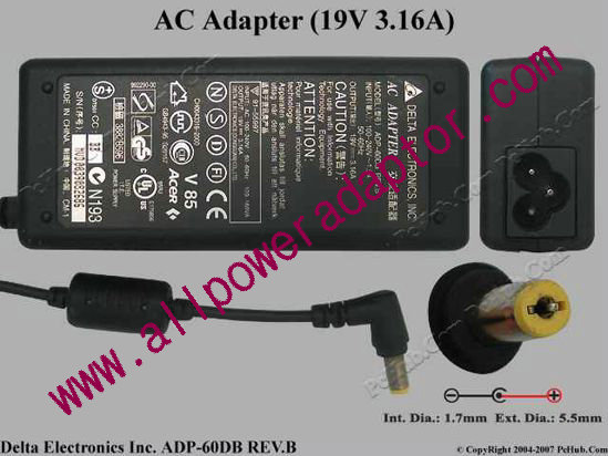 Delta Electronics ADP-60DB REV.B AC Adapter- Laptop 19V 3.16A, 5.5/1.7mm 3-Prong