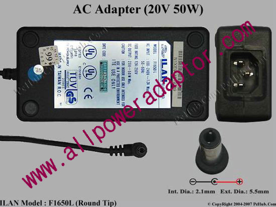 ILAN F1650L AC Adapter- Laptop 20V 2.5A, 5.5/2.1mm, C14