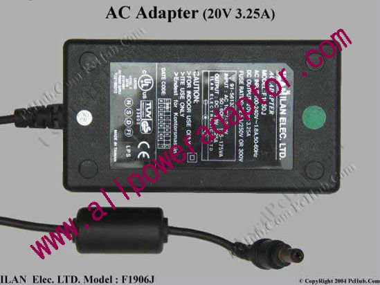 ILAN F1960J AC Adapter- Laptop 20V 3.25A, 5.5/2.5mm, 3-Prong