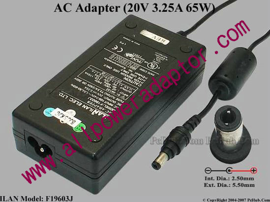 ILAN F19603J AC Adapter- Laptop 20V 3.25A, 5.5/2.5mm, 3-Prong