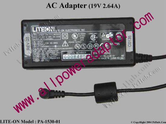 LITE-ON PA-1530-01 AC Adapter 19V 2.64A, 4.8/1.7mm, 3-Prong - Click Image to Close