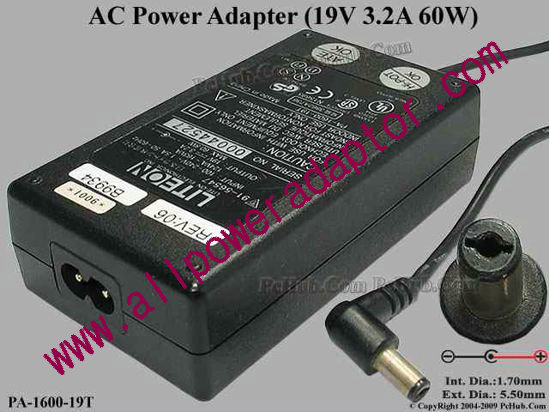 LITE-ON PA-1600-19T AC Adapter 19V 3.2A, Tip Acer, (2-prong)