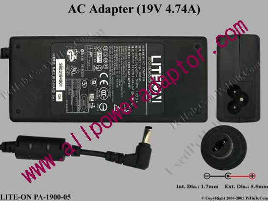 LITE-ON PA-1900-05 AC Adapter 19V 4.74A, 5.5/1.7mm, 3-Prong