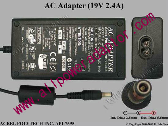 Acbel Polytech API-7595 AC Adapter- Laptop 19V 2.4A, 5.5/2.5mm, 2-Prong