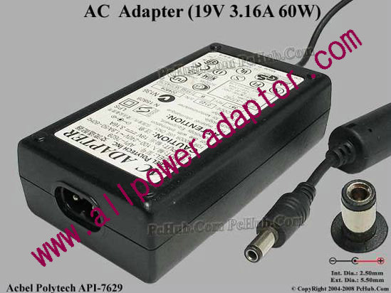 Acbel Polytech API-7629 AC Adapter- Laptop 19V 3.16A, 5.5/2.5mm, 2-Prong