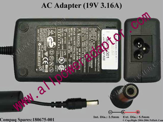 Compaq Presario Series AC Adapter- Laptop 19V 3.16A, 5.5/2.5mm, 3-Prong