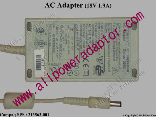 Compaq LTE Series AC Adapter- Laptop 18V 1.9A, 5.5/2.1mm, 2-Prong