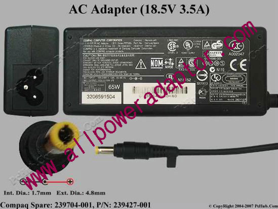 Compaq Common Item (Compaq) AC Adapter- Laptop 239704-001, 18.5V 3.5A, Tip A