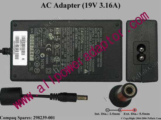 Compaq Presario Series AC Adapter- Laptop 19V 3.16A, 5.5/2.5mm, 2-Prong