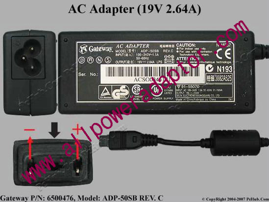 Gateway Common Item (Gateway) AC Adapter- Laptop 19V 2.64A, 3-Flat Hole, 3-Prong