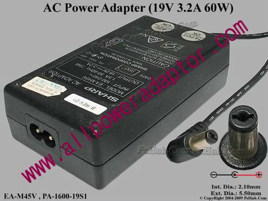 Sharp AC Adapter EA-M45V, 19V 3.2A, Tip B