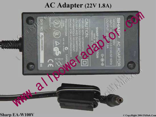 Sharp AC Adapter EA-W100V, 22V 1.8A, Tip B