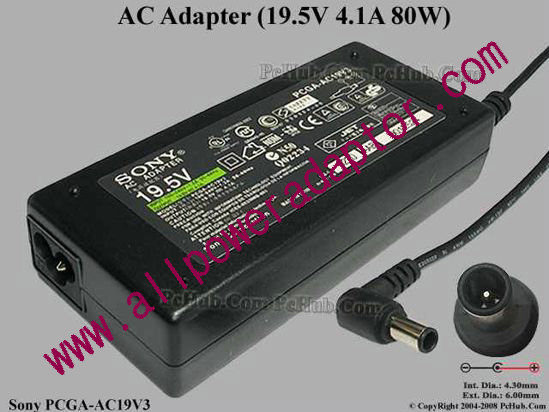 Sony Vaio Parts AC Adapter PCGA-AC19V3, 19.5V 4.1A, Tip E