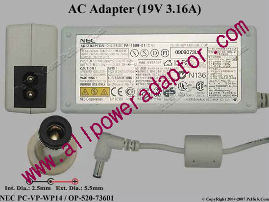 NEC AC Adapter 19V 3.16A, 5.5/2.5mm, 2-Prong