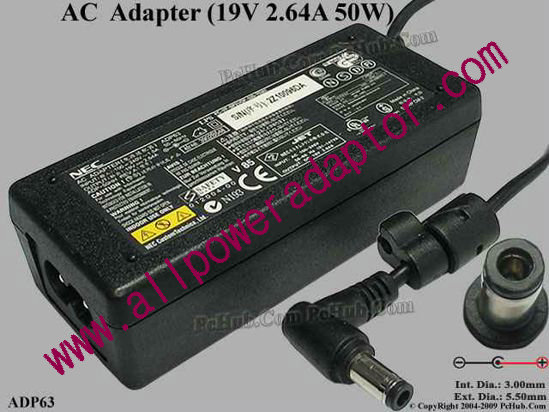 NEC AC Adapter 19V 2.64A, 5.5/3.0mm, 2-Prong