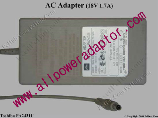 Toshiba AC Adapter PA2431U, 18V 1.7A, Tip B