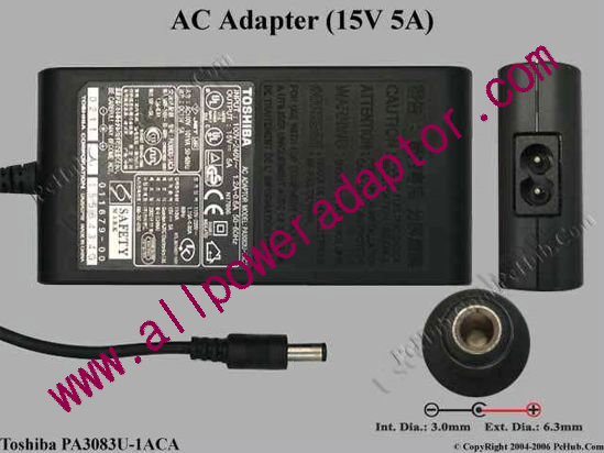 Toshiba AC Adapter 15V 5A, Barrel 6.3/3.0mm, 2-Prong