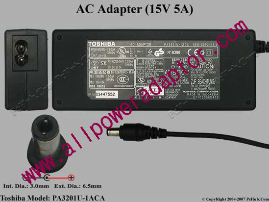 Toshiba AC Adapter PA3201U-1ACA, 15V 5A, Tip D, (2-prong)