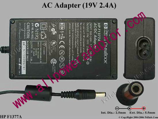 HP AC Adapter- Laptop 19V 2.4A, 5.5/2.5mm, 2-Prong