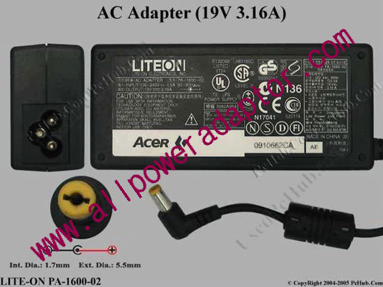 LITE-ON PA-1600-02 AC Adapter 19V 3.16A, 5.5/1.7mm 3-Prong