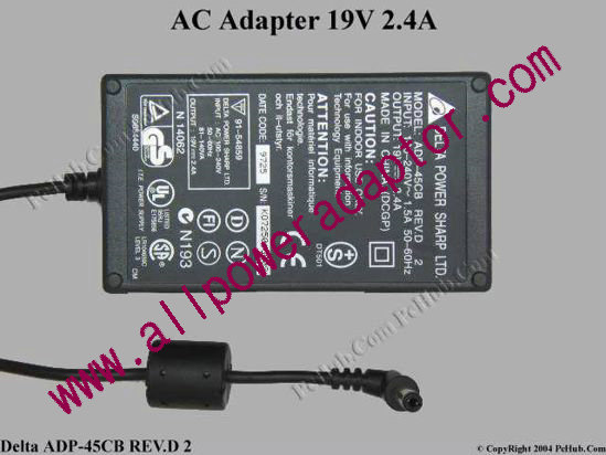 Delta Electronics ADP-45CB REV.D 2 AC Adapter- Laptop 19V 2.4A, 5.5/2.1mm, 2-Prong