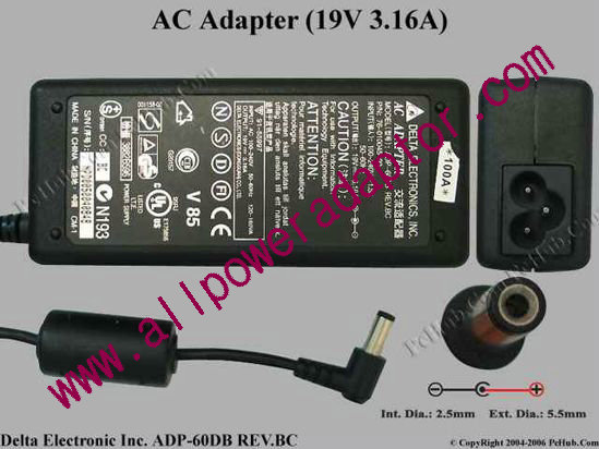 Delta Electronics ADP-60DB REV.BC AC Adapter- Laptop 19V 3.16A, 5.5/2.5mm, 3-Prong